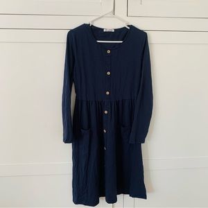 Slig Navy Blue Button Front Pockets Long Sleeve Dress Size Large